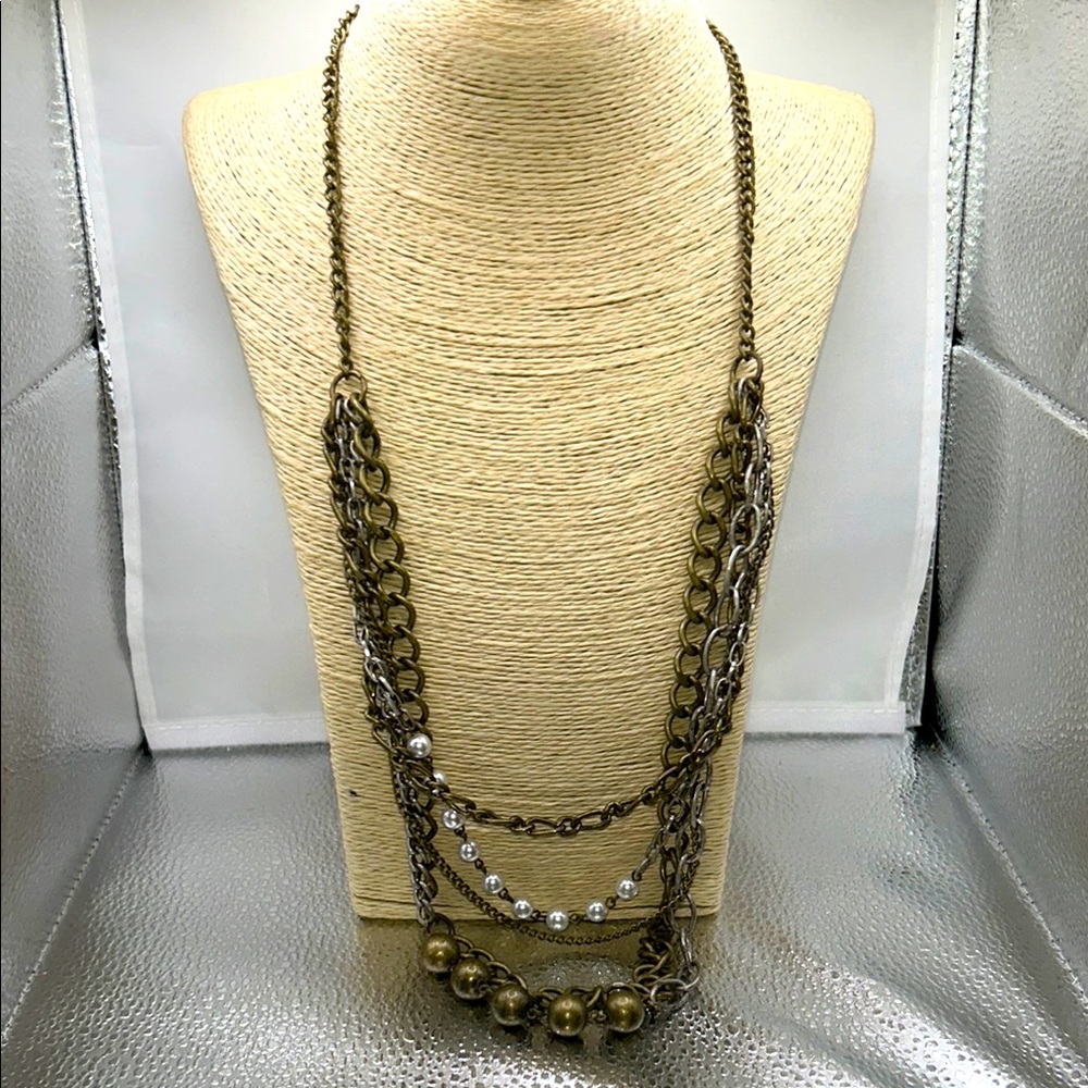 Multi strand mixed metal necklace faux pearls chunky layered bold glam rock edgy